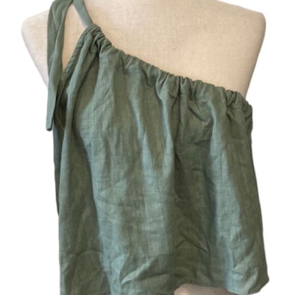 Crescent green linen blend one shoulder drawstring top S - Picture 3 of 10